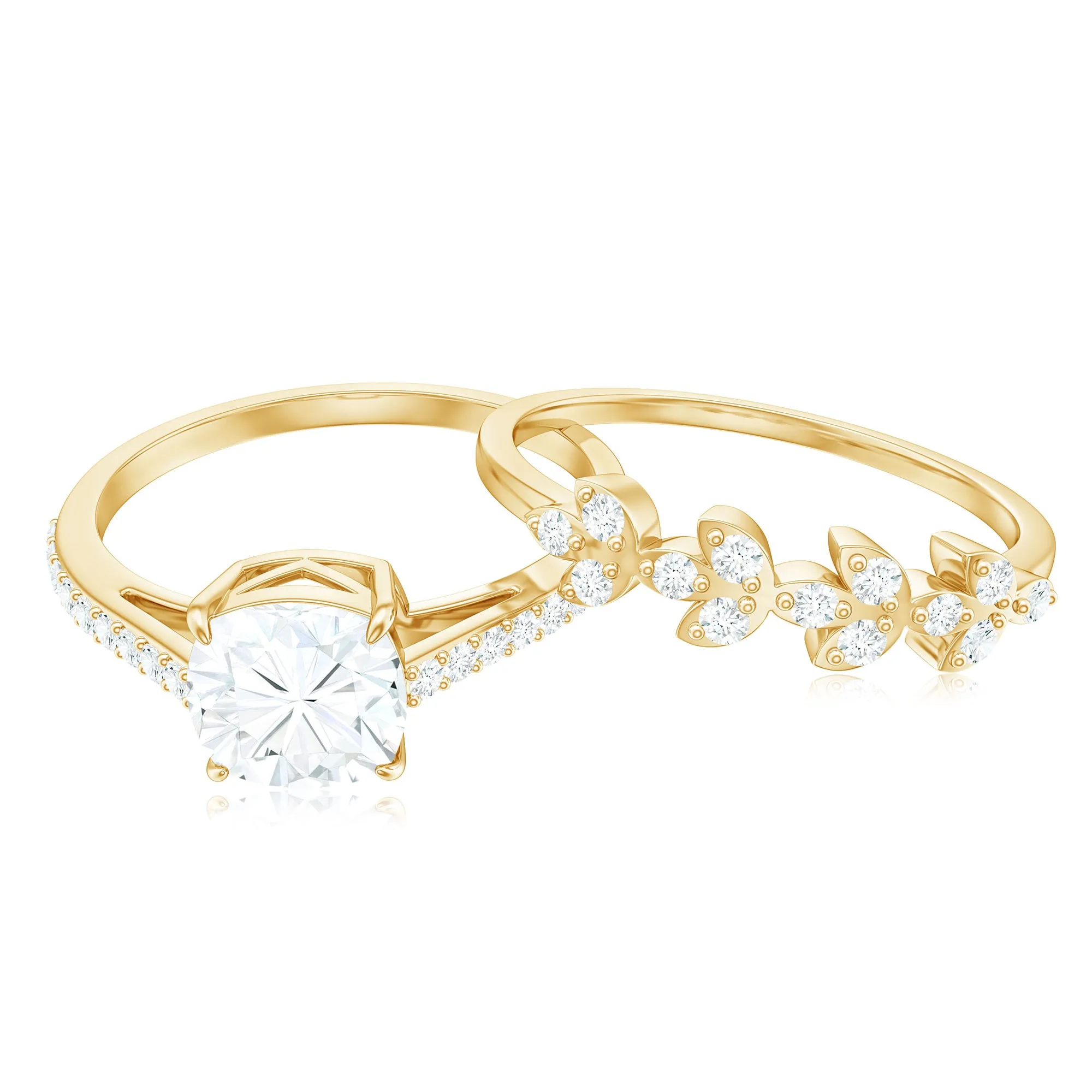 Claw Set Cushion Cut Moissanite Leaf Wedding Ring Set