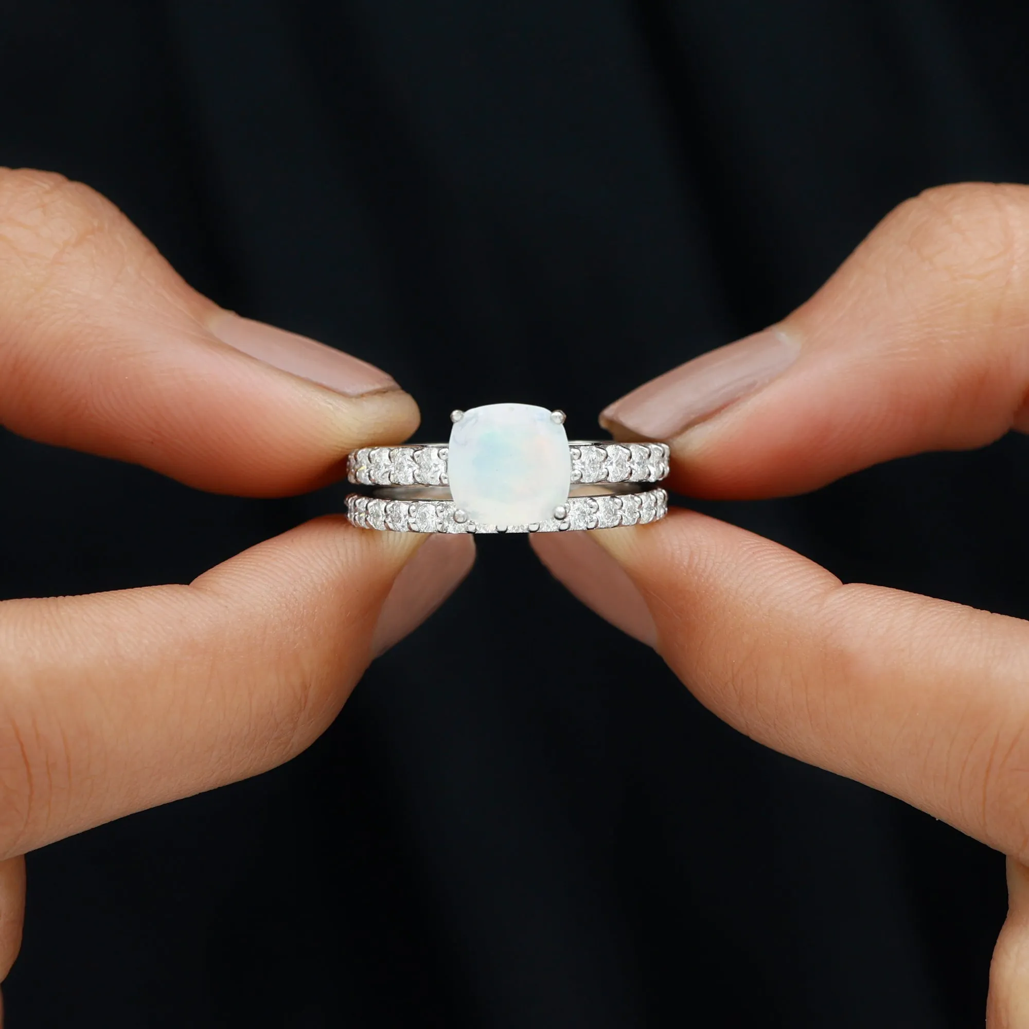 Real Ethiopian Opal and Moissanite Wedding Ring Set